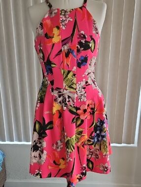 Vince Camuto Neon Pink Tropical Halter Mini Dress